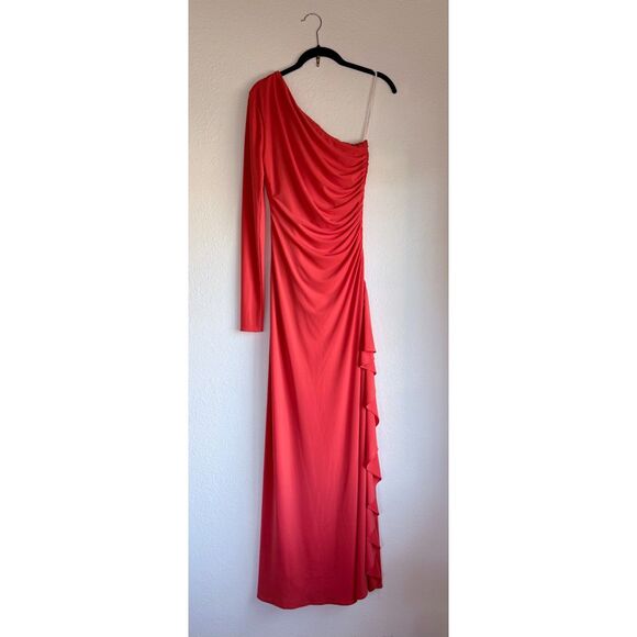 Halston Giana Asymmetrical One Shoulder Long Sleeve Jersey Dress in Orange Sz 0 - Picture 8 of 14